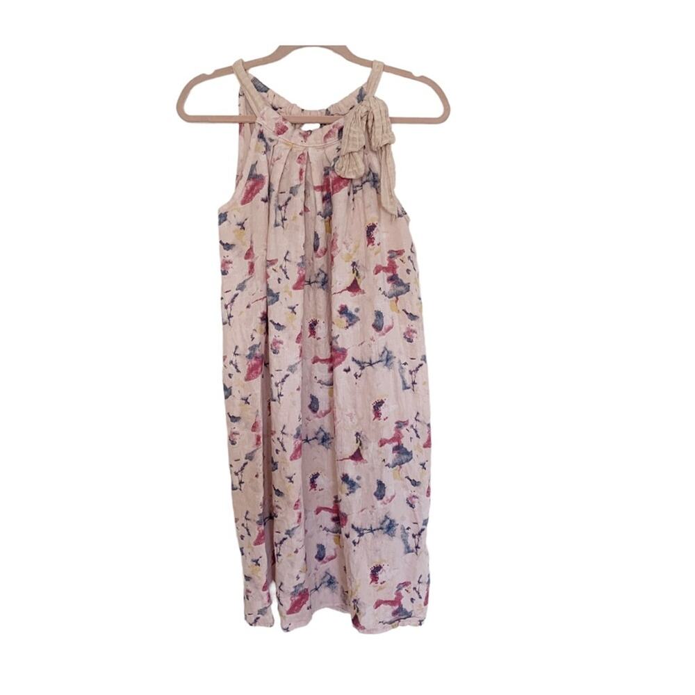 Bellambia Blush Pink Linen Watercolor Shoulder Tie Dress